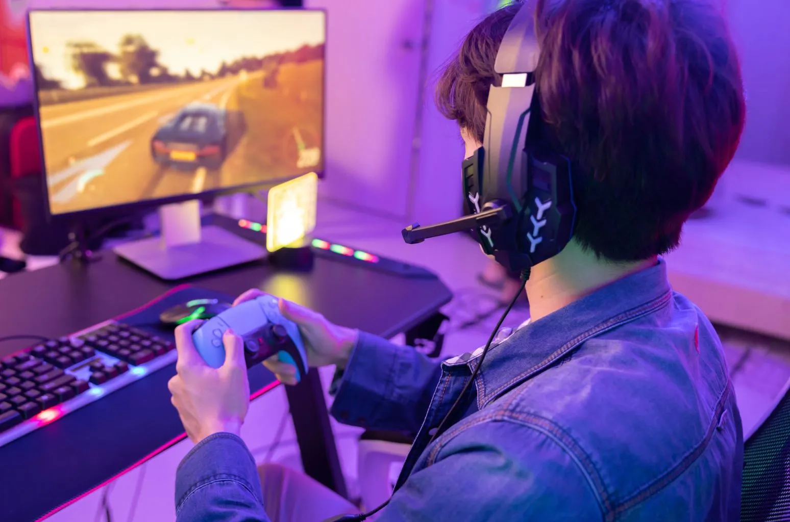 Esports gaming setup with glowing monitors